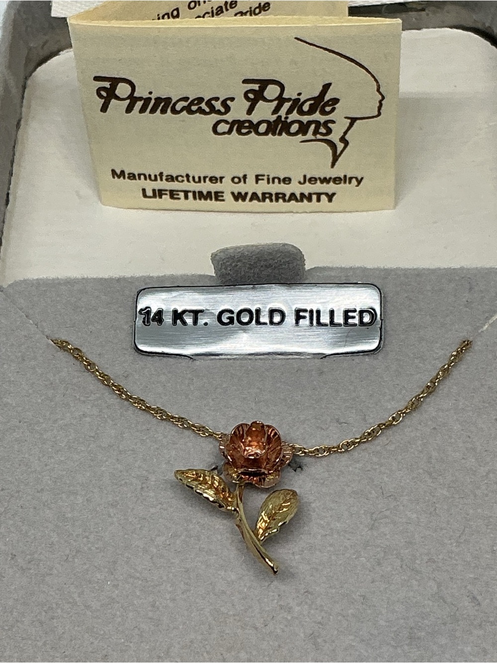 Vintage 14K Gold Filled Two-Tone Rose Pendant Necklace 17” NOS - Picture 3 of 5